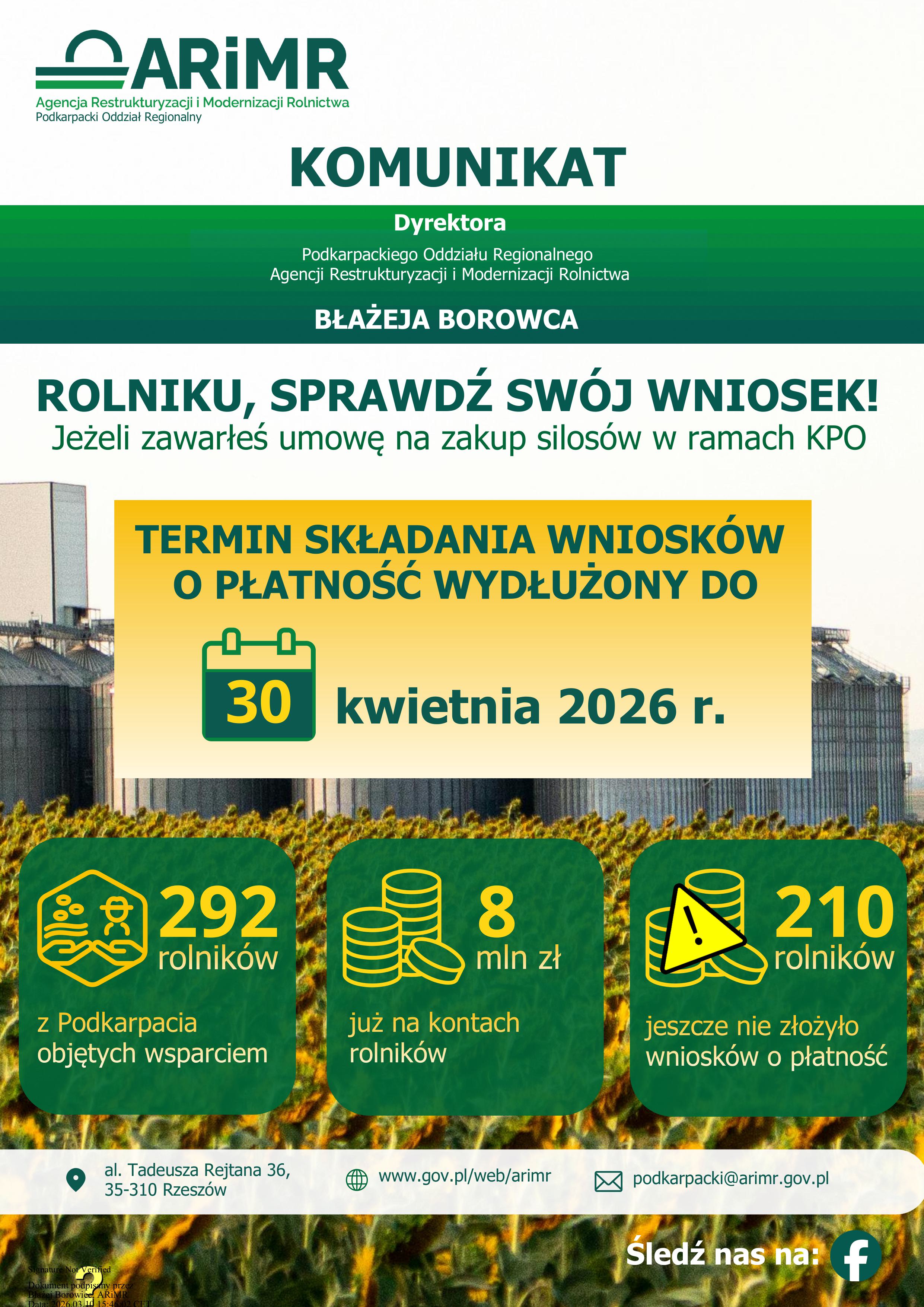 Wydłużony termin realizacji inwestycji i składania wniosków o płatność dla rolników w ramach KPO